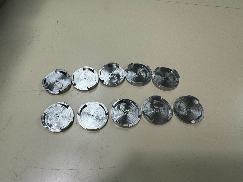 Ten 17-4 stainless steel baseplates with locating notches on the rim and a center hole